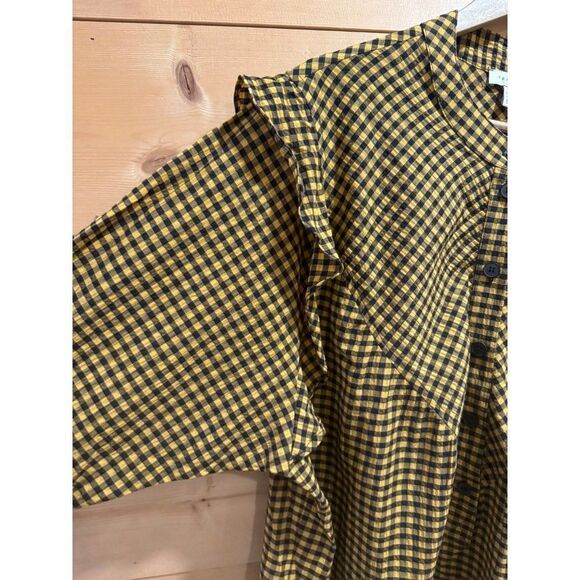 Topshop Textured Check Ruffle Mini Shirt Dress Mustard Sz 14 EUC - Picture 7 of 13